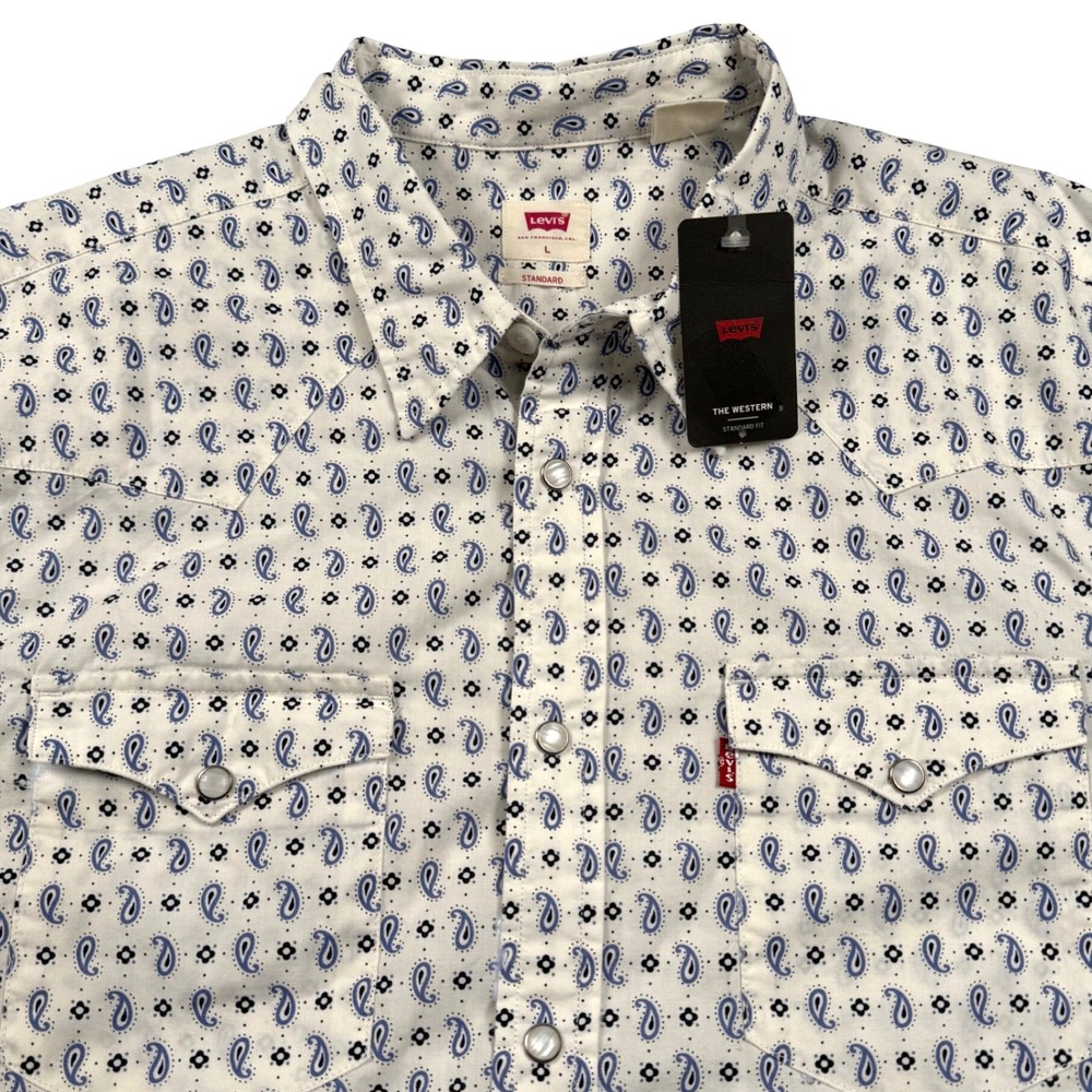 Levis Western Shirt Mens Large White‎ Blue Paisley Pearl Snap Long Sleeve New